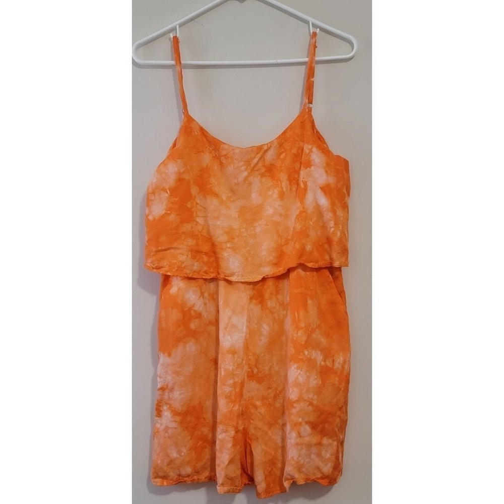 AMADI Orange White Tie‎ Dye Ruffle Tiered Spaghetti Strap Romper Shorts Size S